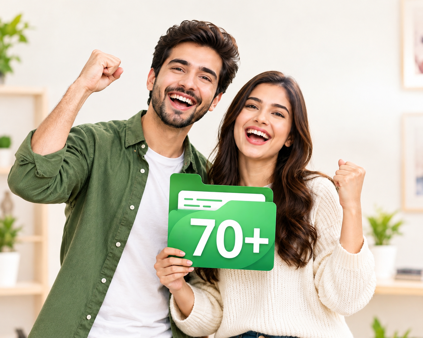 Happy jobseekers holding a green folder with a 70+ My Jobscore