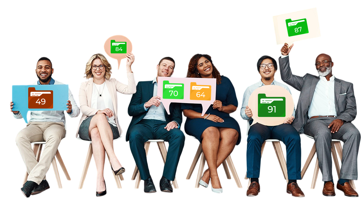 Jobseekers holding up their My Jobscore suitability score folders
