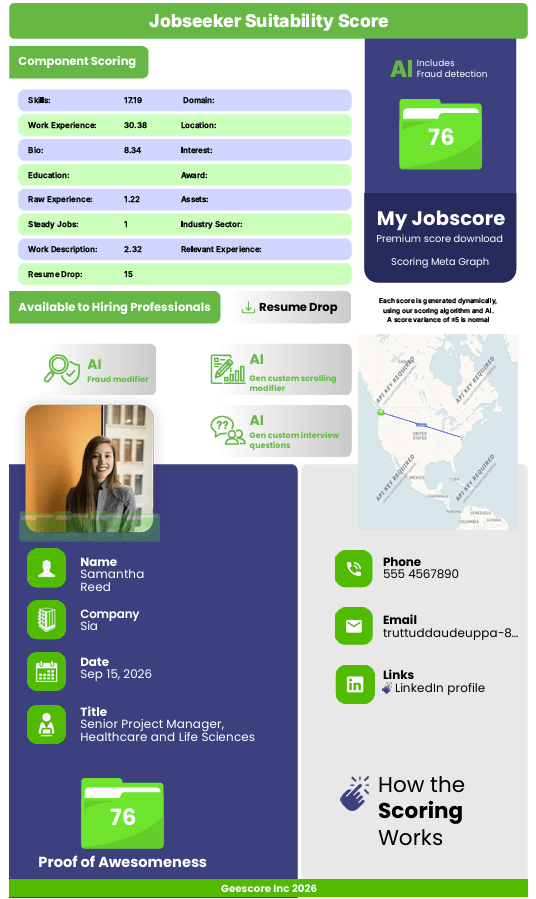 Samantha Reed's My Jobscore suitability score of 76 for Senior Project Manager at Sia