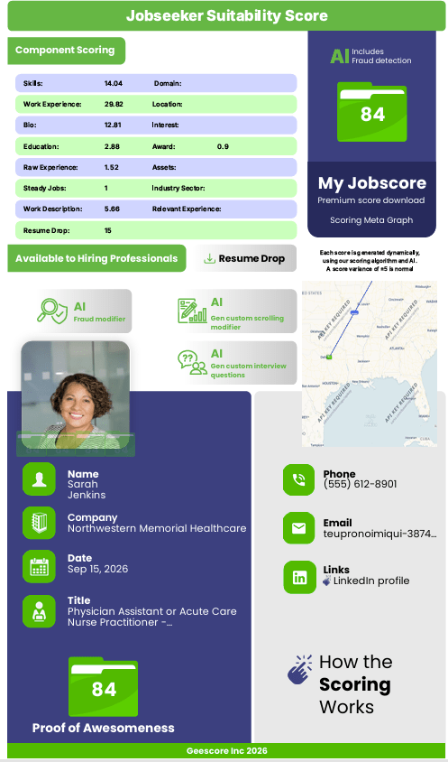 Sarah Jenkins's My Jobscore suitability score of 84 for Physician Assistant / Nurse Practitioner at Northwestern Memorial Healthcare